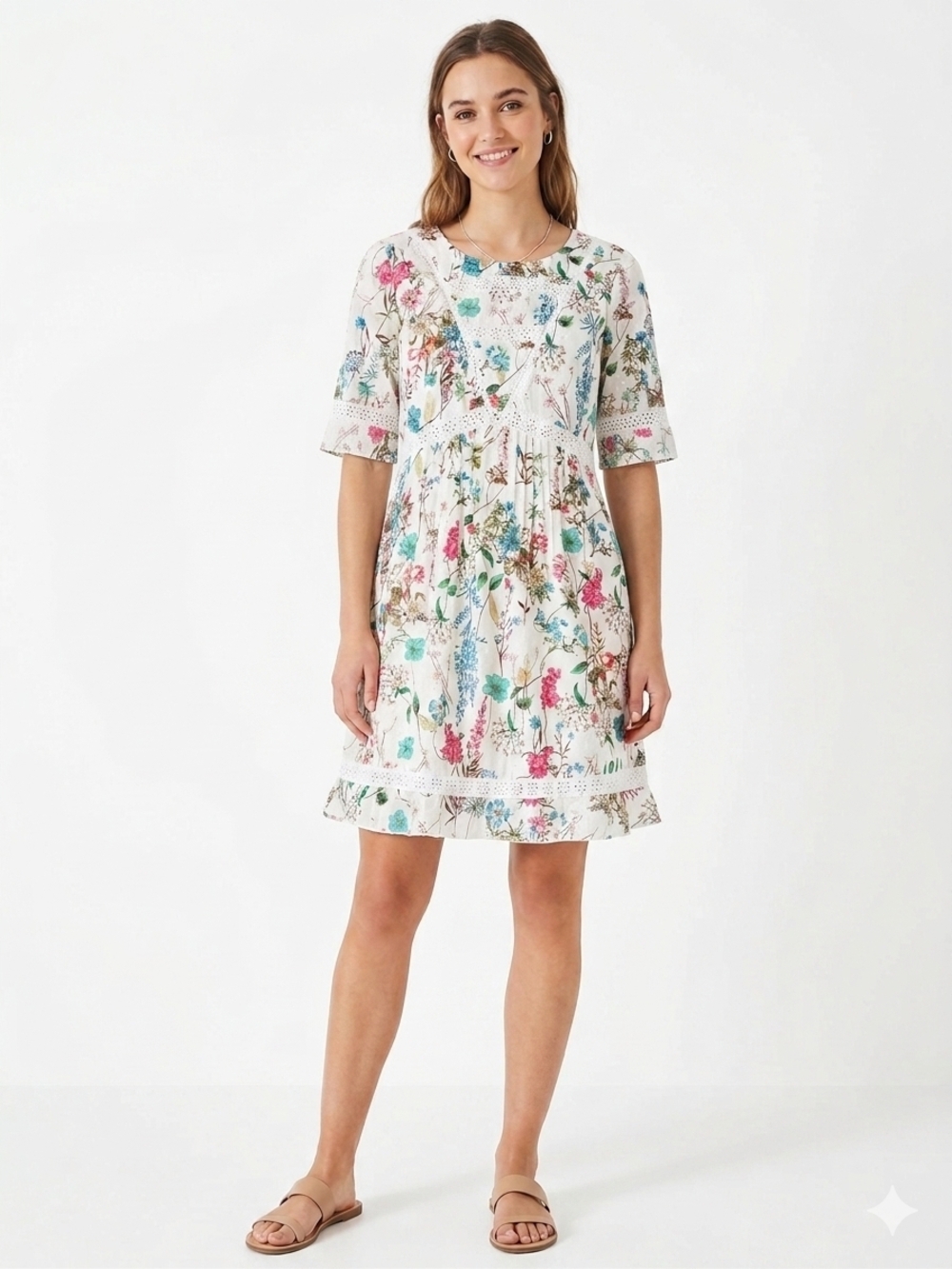 100% Cotton Sanctuary White Floral Crochet-Trim Mini Dress
